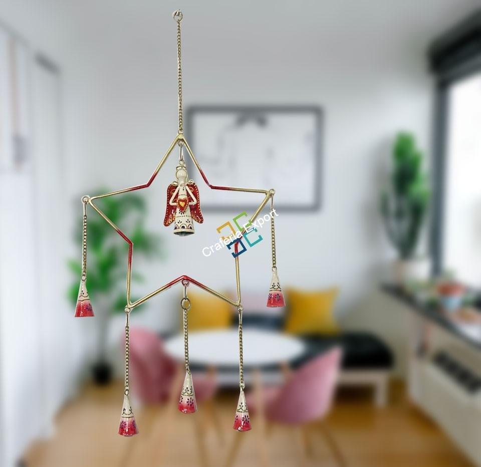 Metal star and heart-shaped wall hanging wind chimes for decoration with bells hang - Image 2