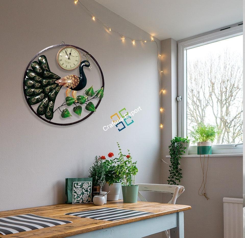 Floral and peacock Round Metal wall hanging with clock