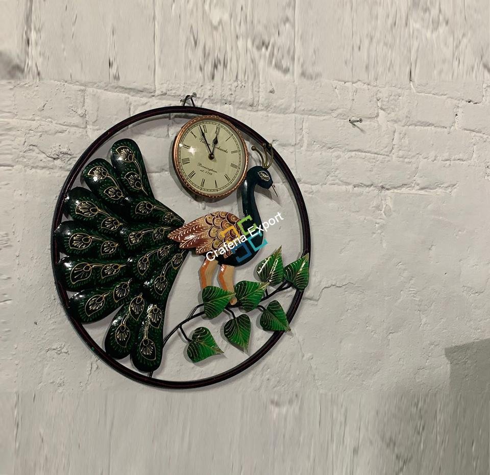 Floral and peacock Round Metal wall hanging with clock - Image 4