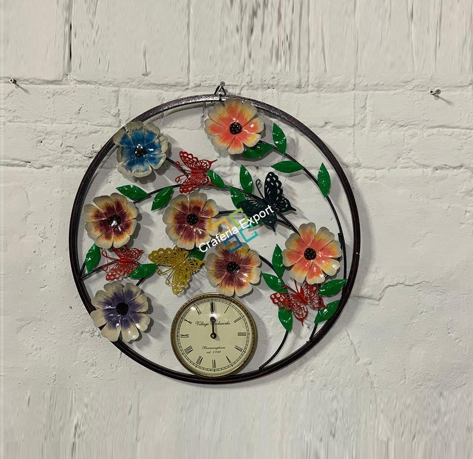 Floral and peacock Round Metal wall hanging with clock - Image 5