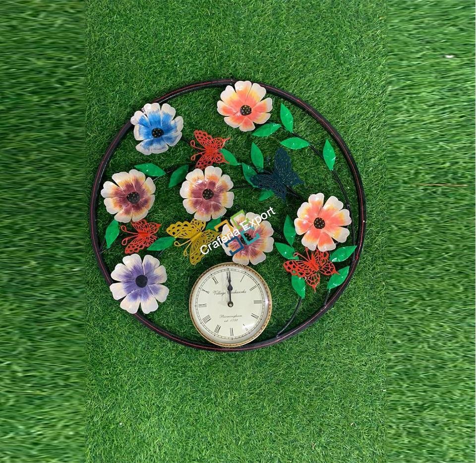 Floral and peacock Round Metal wall hanging with clock - Image 3