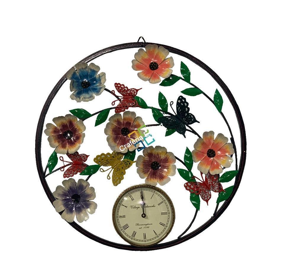 Floral and peacock Round Metal wall hanging with clock - Image 6