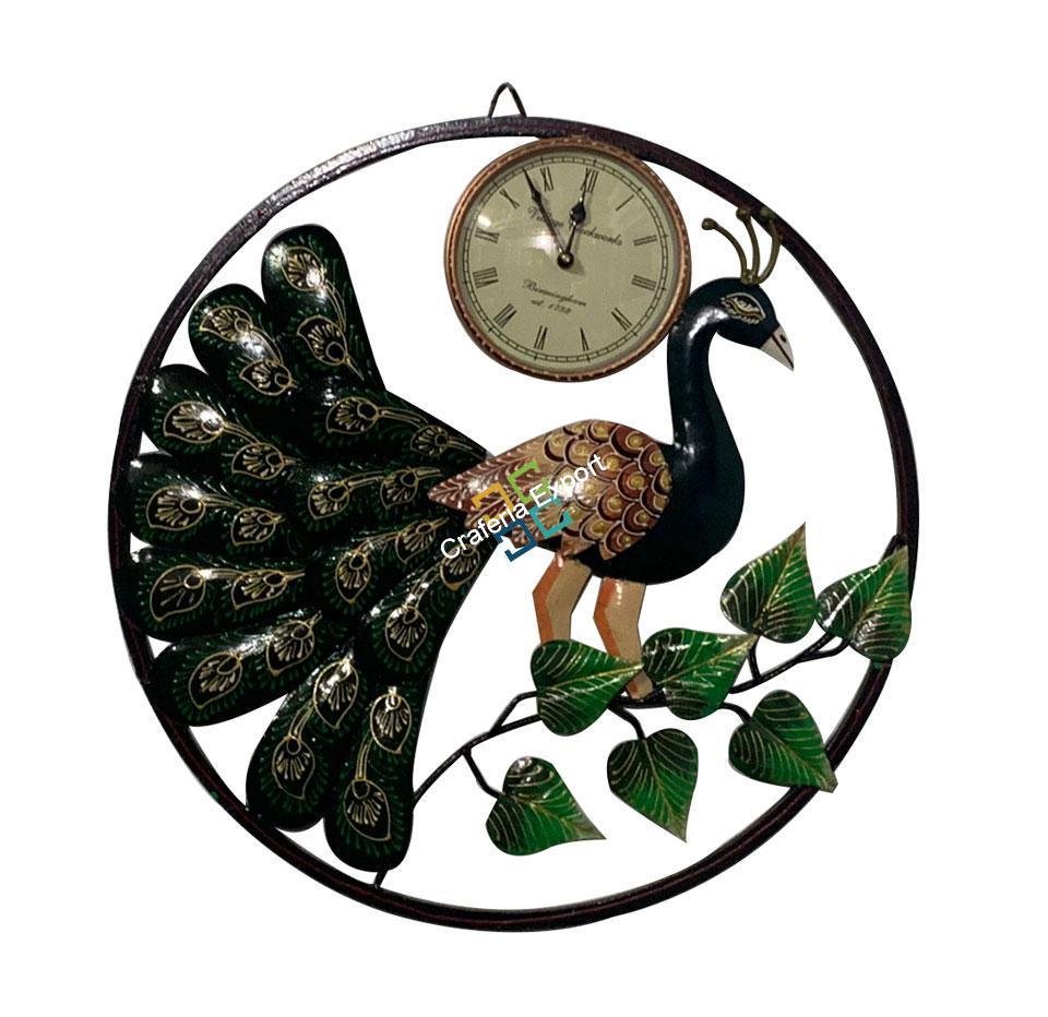 Floral and peacock Round Metal wall hanging with clock - Image 2