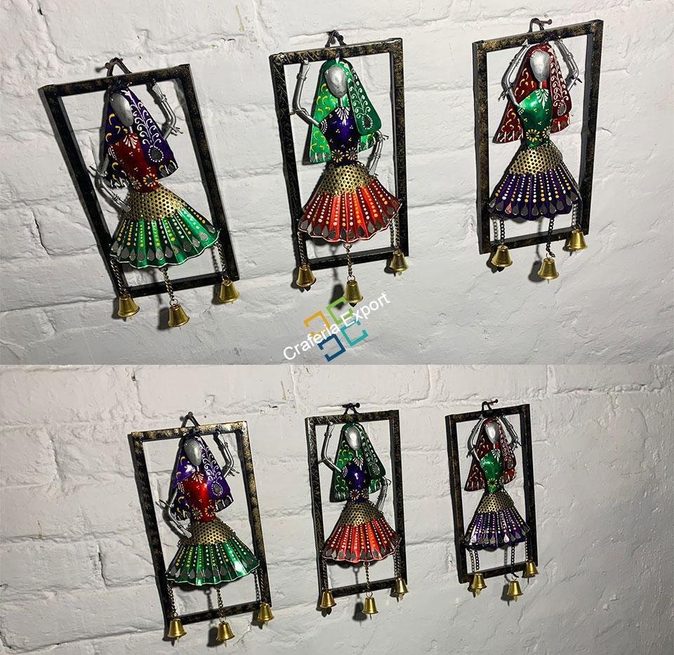 Antique Rajasthani Kalbeliya Dance lady wall decor hanging with bells set of 3 - Image 5