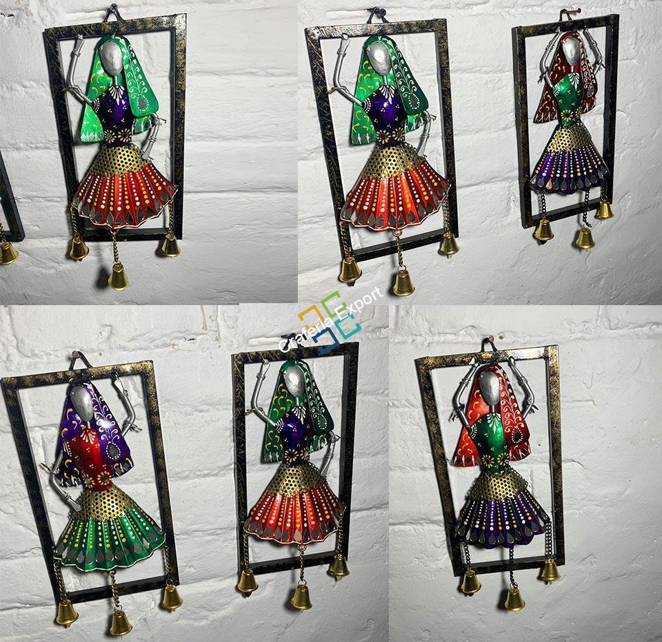 Antique Rajasthani Kalbeliya Dance lady wall decor hanging with bells set of 3 - Image 4