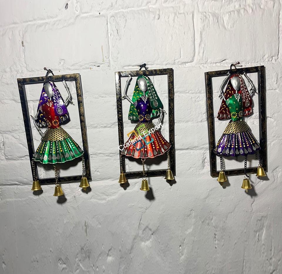 Antique Rajasthani Kalbeliya Dance lady wall decor hanging with bells set of 3