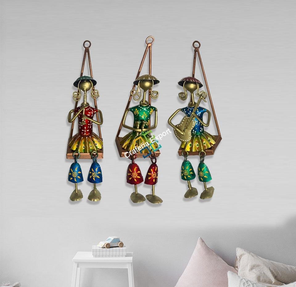 Metal Handmade Musician Lady Showpiece (Set of 3) Wall Hanging | Decorative Wall Art Ascents | Gifts Rajasthani Tribal Designs - Image 3