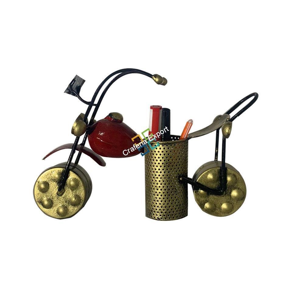Metal Decorative Bullet Bike Pen Stand Holder Table Desk Organizer Showpiece(Red,Silver)
