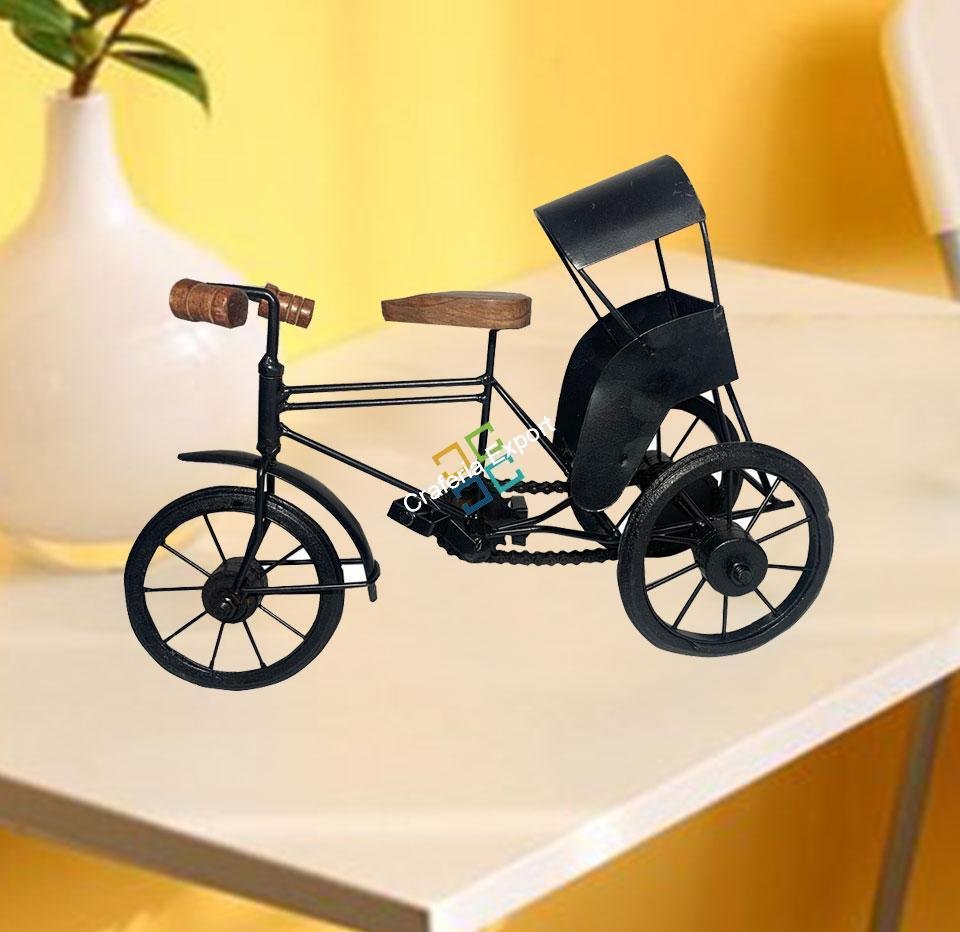 Handmade Iron Mini Cycle Rickshaw Movable Toy | Antique Wood and Wrought Vintage Showpiece for Living room Showcase Decor | Gifts Item - Image 2