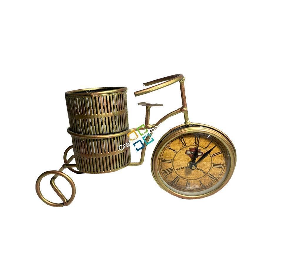 Cycle Shaped Handicraft Showpiece Pen/Pencil Holder With Analog Clock | Metal Desk Organizer for Home & Office | Gifts item