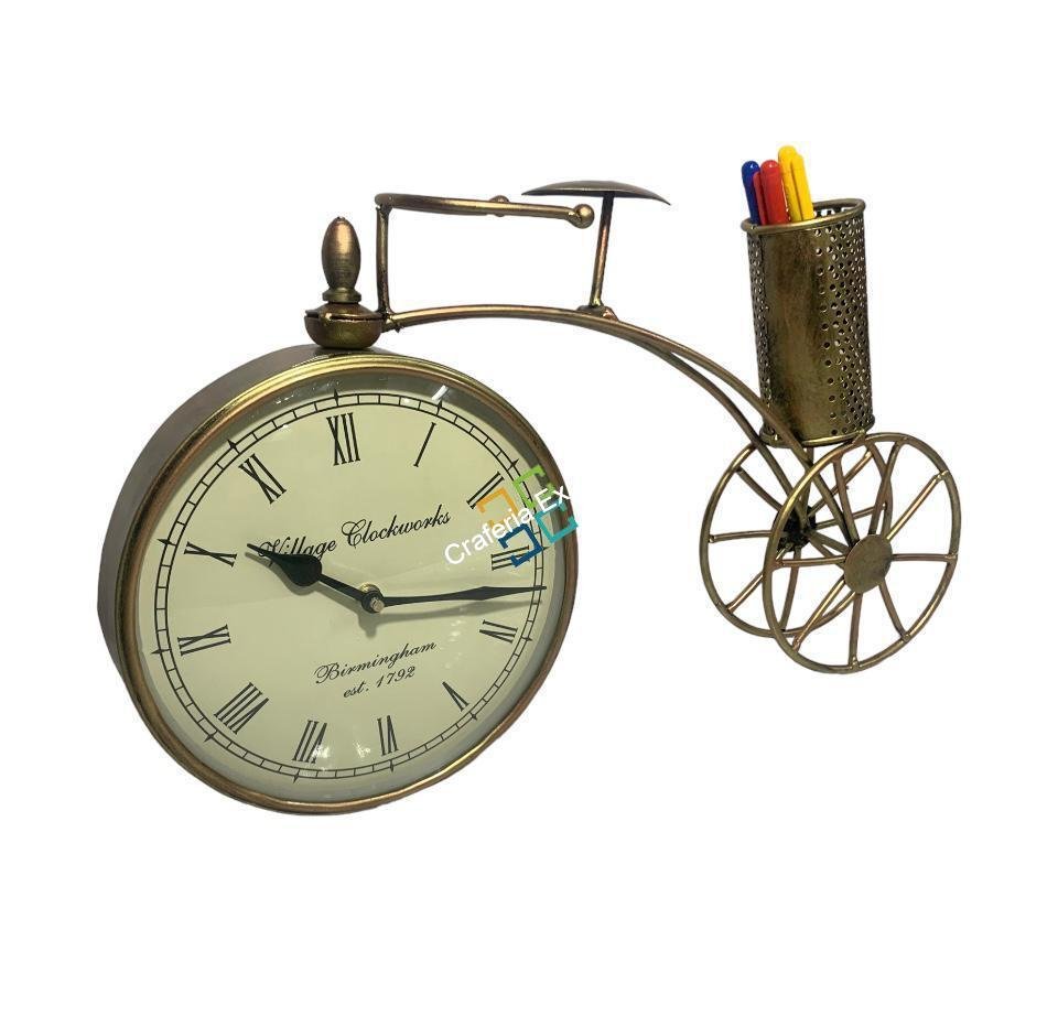 Elegant cycle shaped Desk Organizer With Clock for Table Top Decor/Metal Cycle pen stand - Image 2
