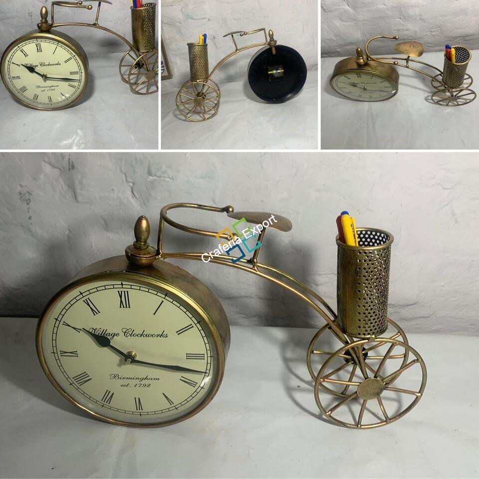 Elegant cycle shaped Desk Organizer With Clock for Table Top Decor/Metal Cycle pen stand - Image 3