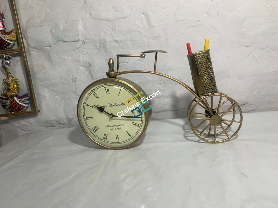 Elegant cycle shaped Desk Organizer With Clock for Table Top Decor/Metal Cycle pen stand - Image 4