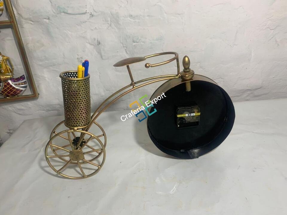 Elegant cycle shaped Desk Organizer With Clock for Table Top Decor/Metal Cycle pen stand - Image 5