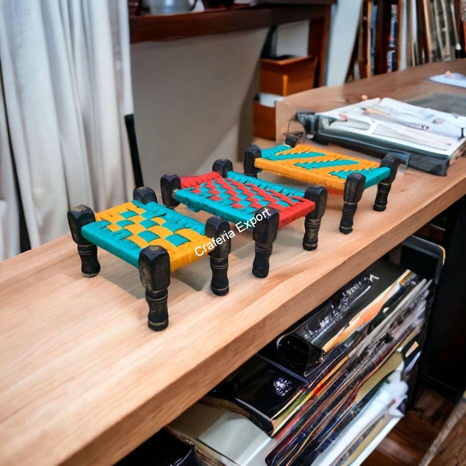 Wooden and Jute Miniature Charpai Cot Toy for Kids, Miniature Cot, Traditional Home decor Set of 3 - Image 4