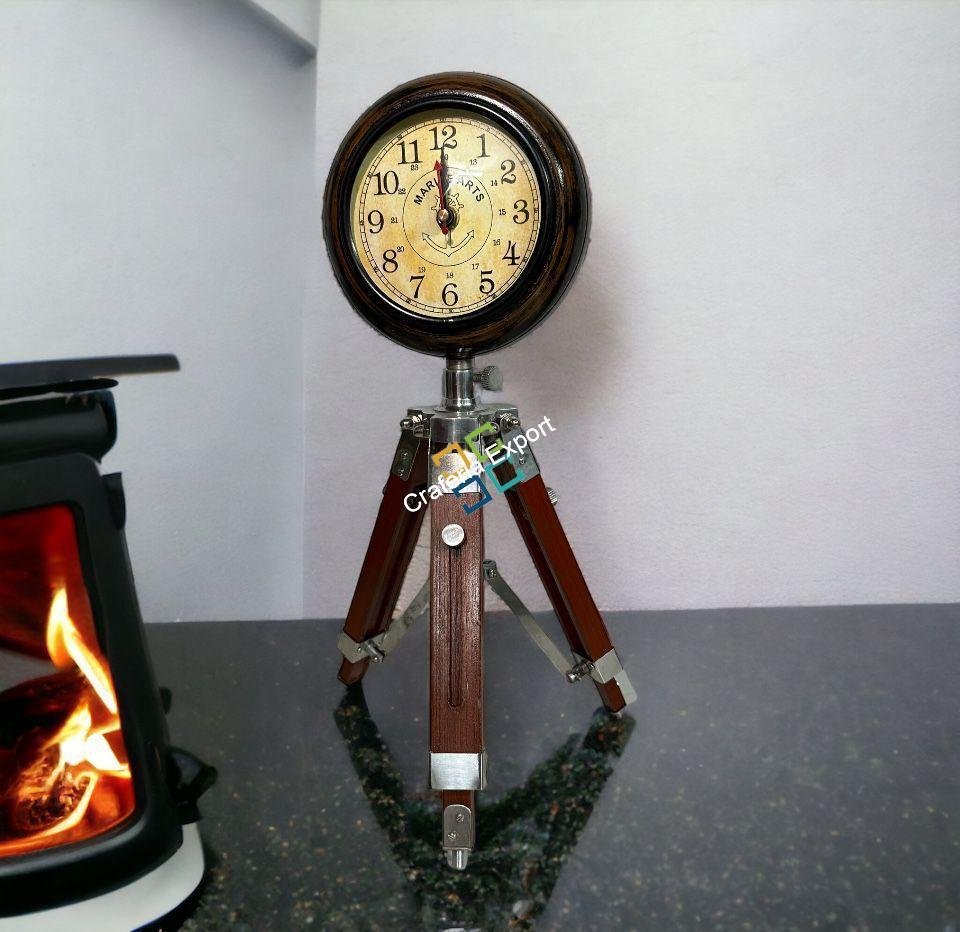 Wooden Tripot Stand Analog Vintage Table Clock handicraft decorative item