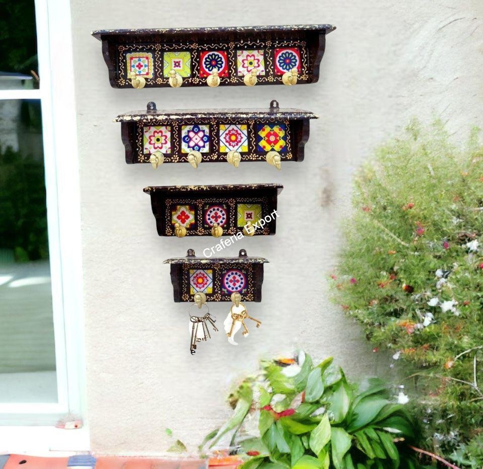 Wooden Tiles fitted Wall decorative Hook /Hanger Wood Key Holder set