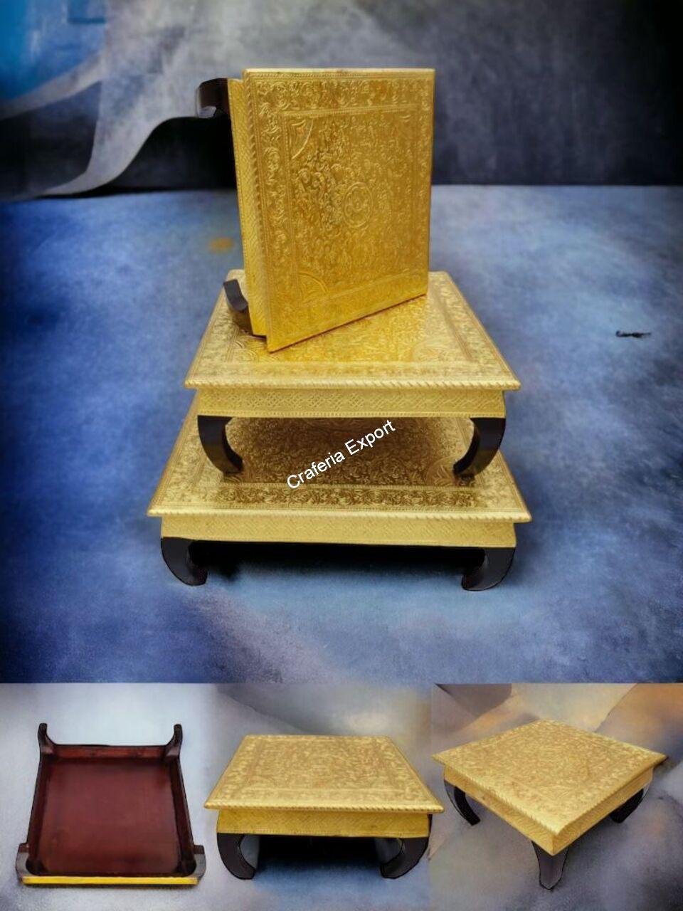 Golden Wooden Chowki Set of 3 with Brass Meenakari Work - Image 3