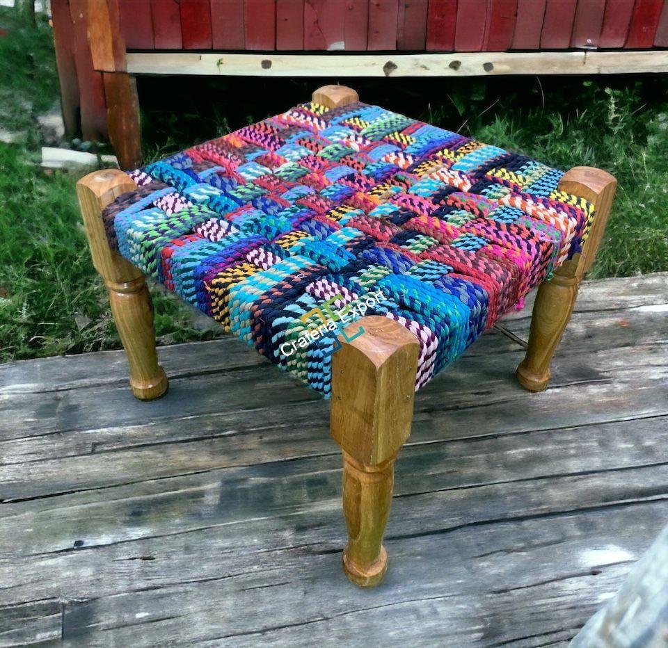 Traditional wood pidha handwoven wooden charpai stool