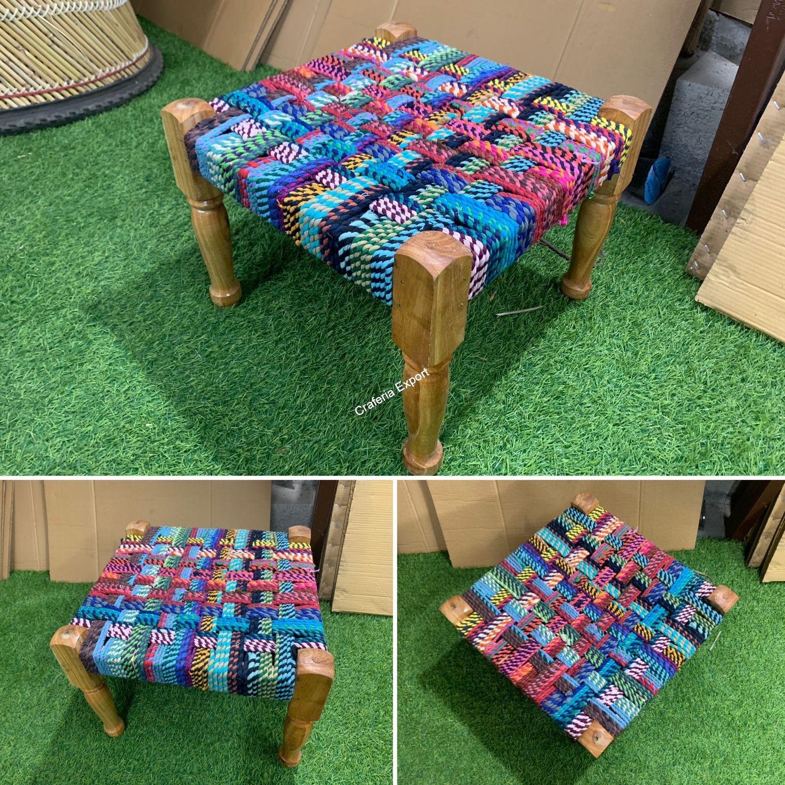 Traditional wood pidha handwoven wooden charpai stool - Image 3