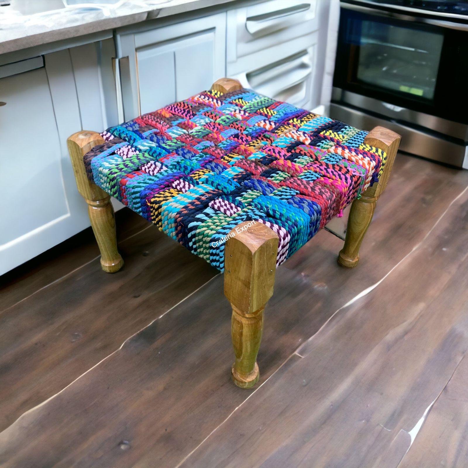 Traditional wood pidha handwoven wooden charpai stool - Image 4