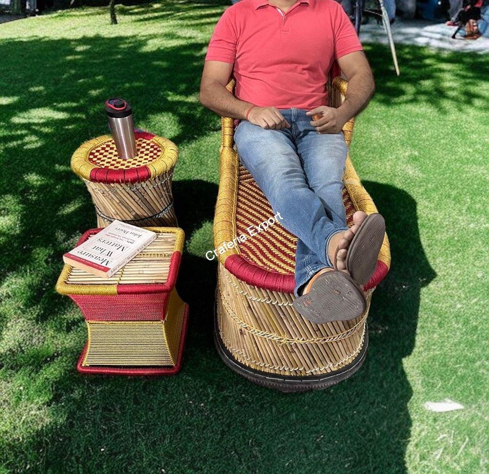 Eco-friendly Bamboo Long Mudha Chair for Indoor/Outdoor with Armrest in multicolour - Image 2