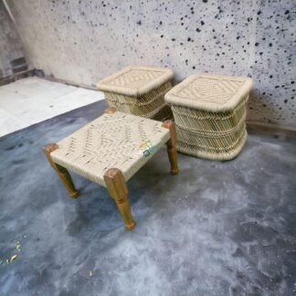 Woven wooden pidha with mudda stool for indoor and outdoor set of 3
