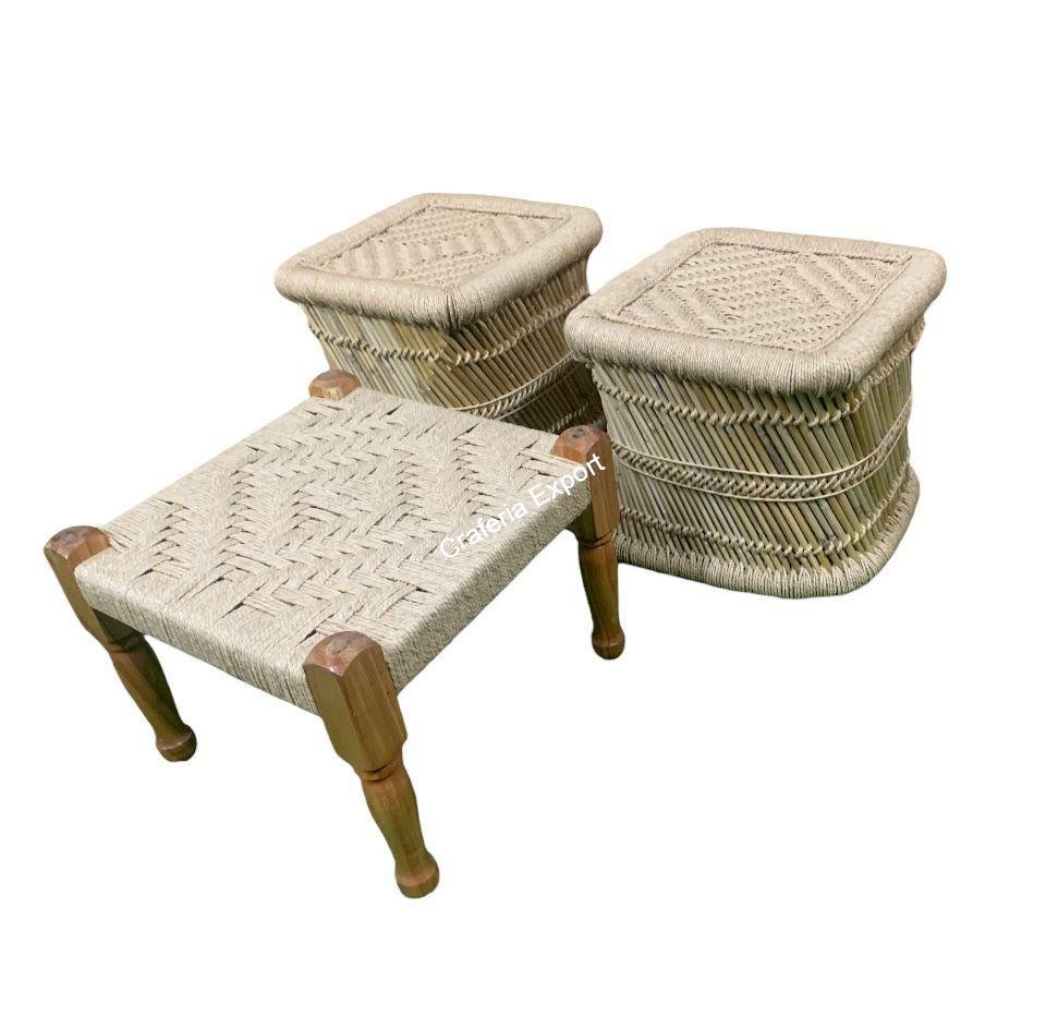 Woven wooden pidha with mudda stool for indoor and outdoor set of 3 - Image 3
