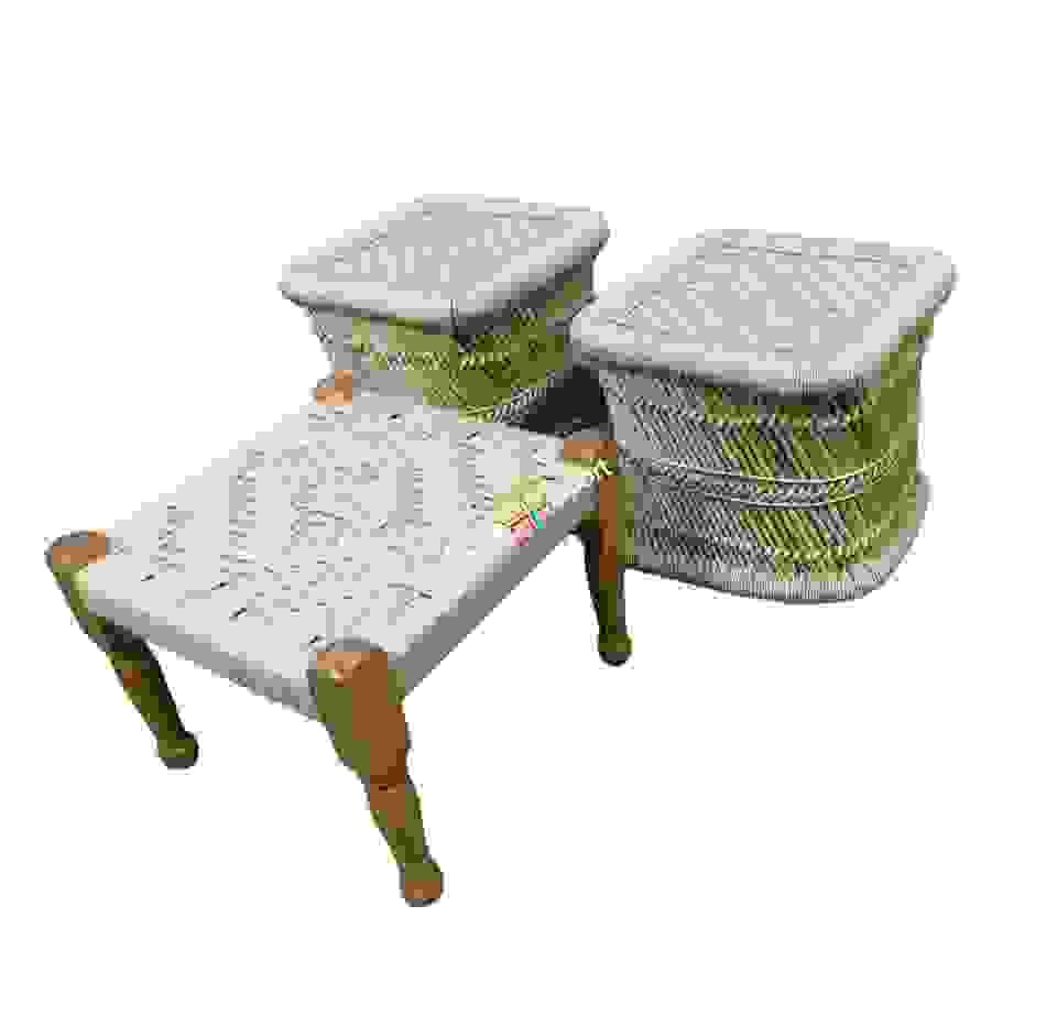 Woven wooden pidha with mudda stool for indoor and outdoor set of 3 - Image 3