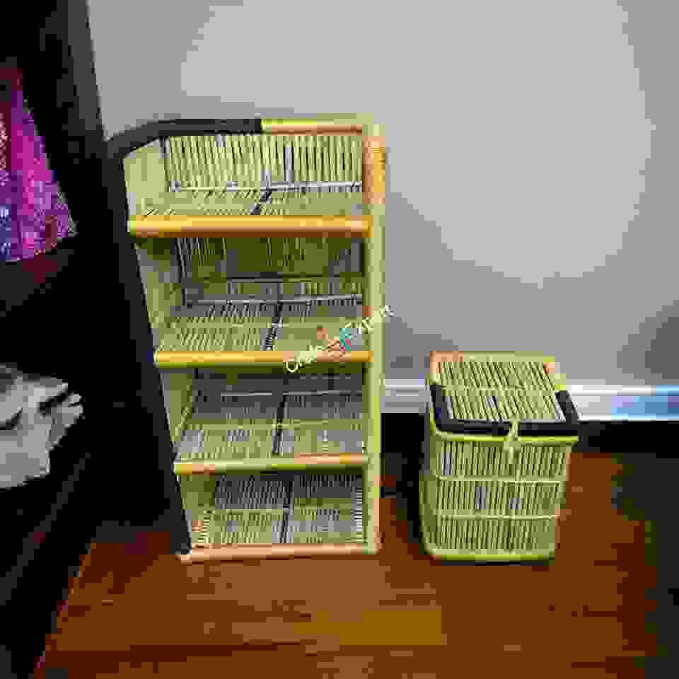 Bamboo shelf rack and laundry basket combo set