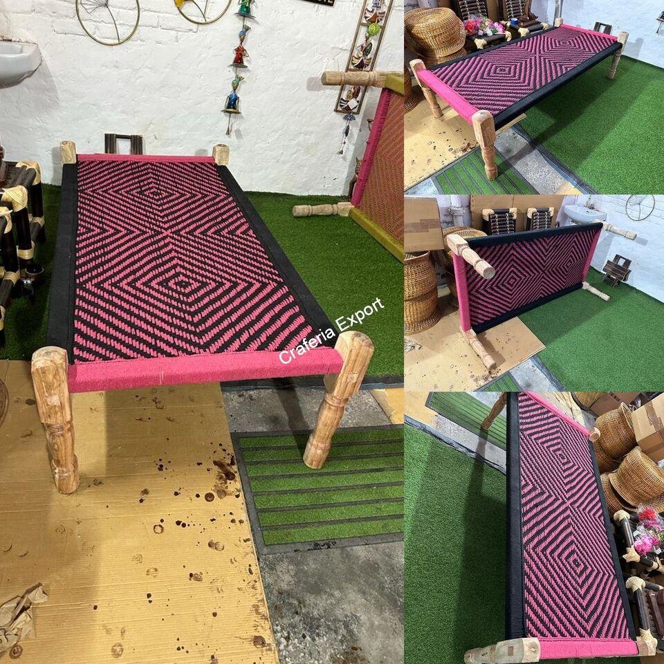 Wooden handmade charpai | Wood Handwoven Khatiya Multicolor Cot Indoor Outdoor Furniture - Image 3