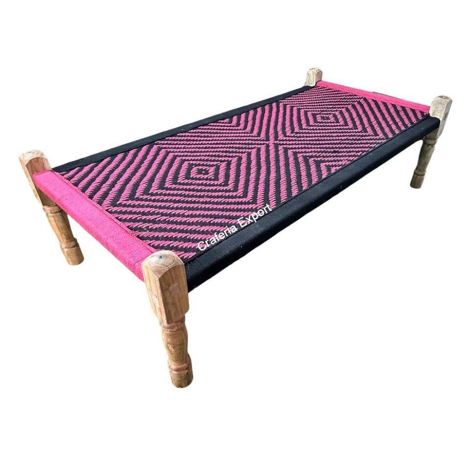 Wooden handmade charpai | Wood Handwoven Khatiya Multicolor Cot Indoor Outdoor Furniture - Image 2