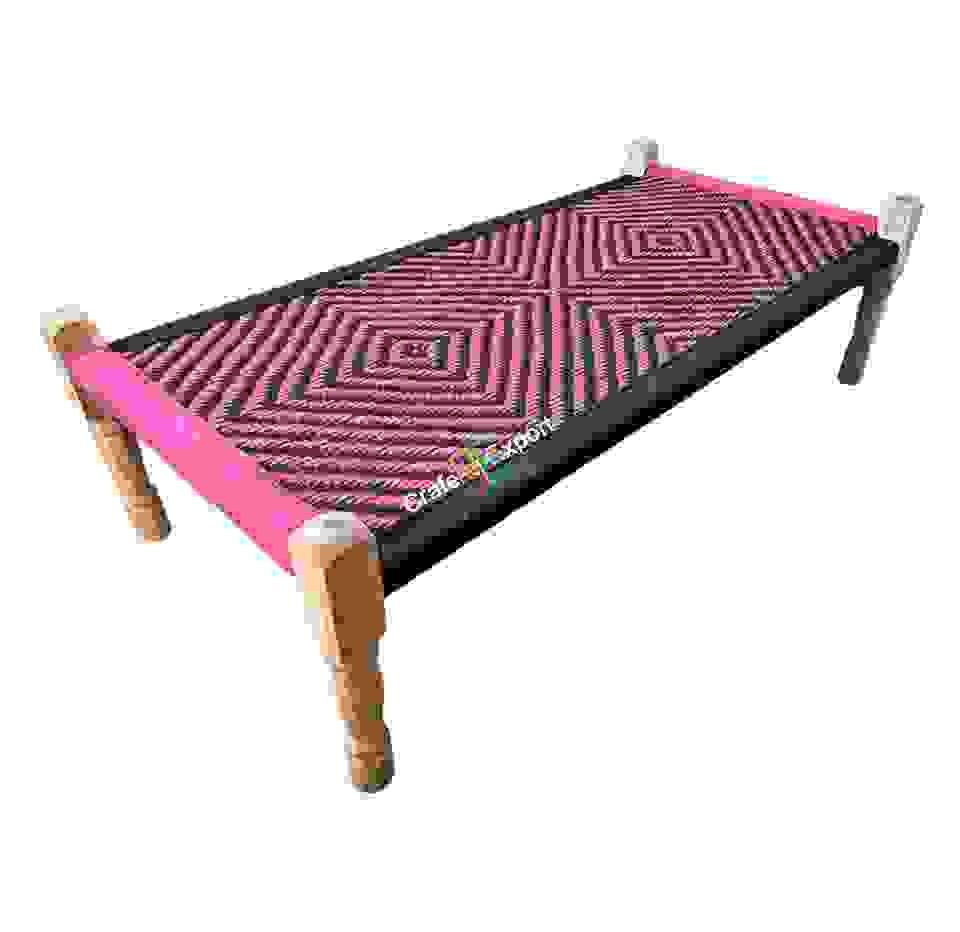 Wooden handmade charpai | Wood Handwoven Khatiya Multicolor Cot Indoor Outdoor Furniture - Image 2