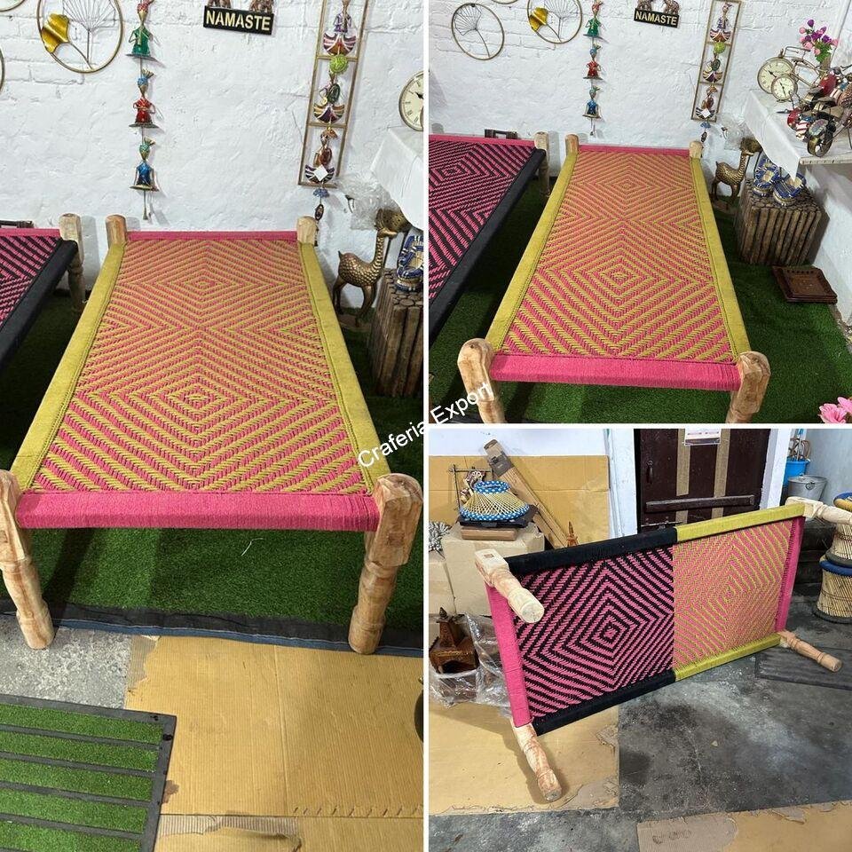 Wooden handmade charpai | Wood Handwoven Khatiya Multicolor Cot Indoor Outdoor Furniture - Image 5