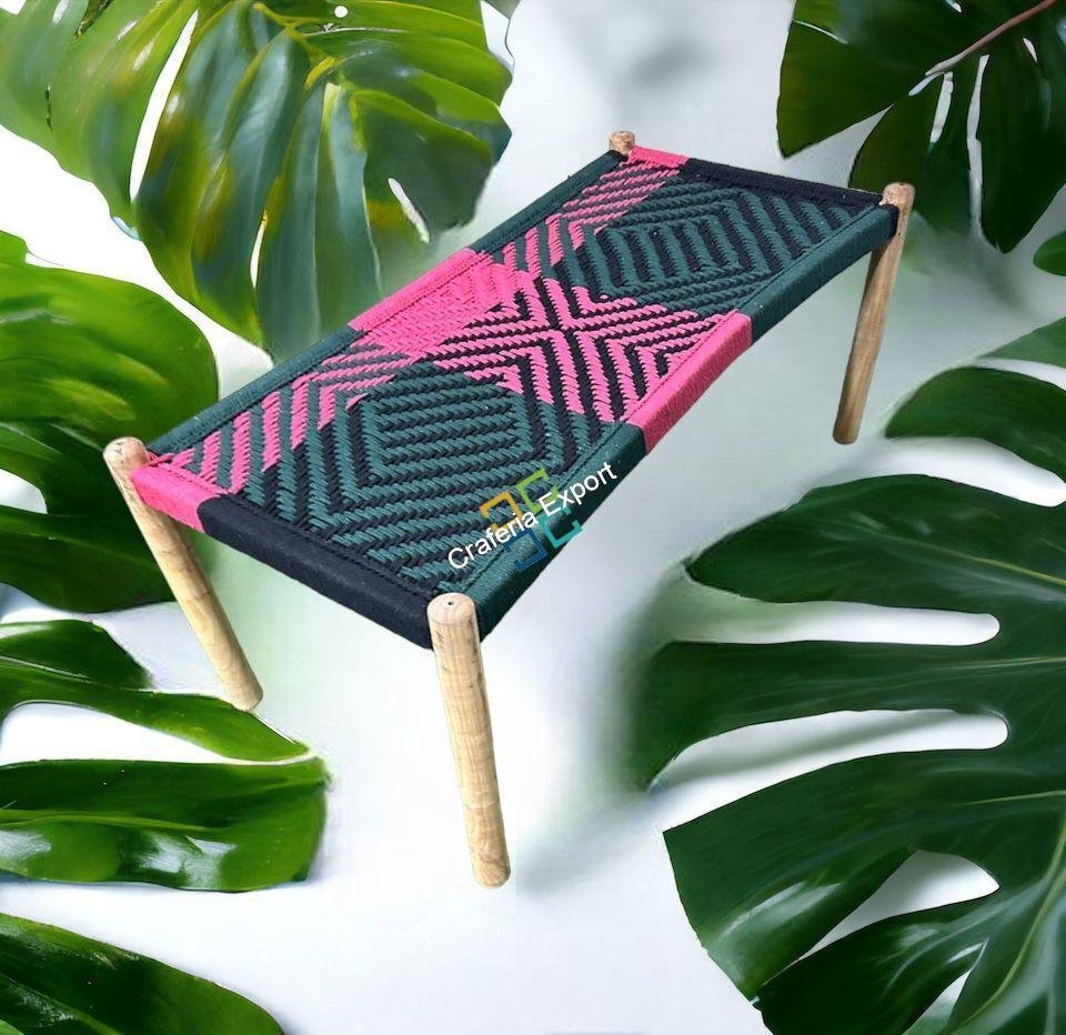 Wooden cotton rope bench | small cot charpai for sitting outdoor indoor