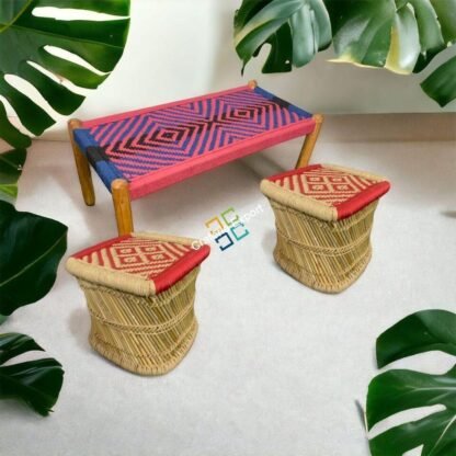 Small Charpai Bench with Bamboo Square Mudda Stools | Wooden Bench with Pidha Stools - Image 3
