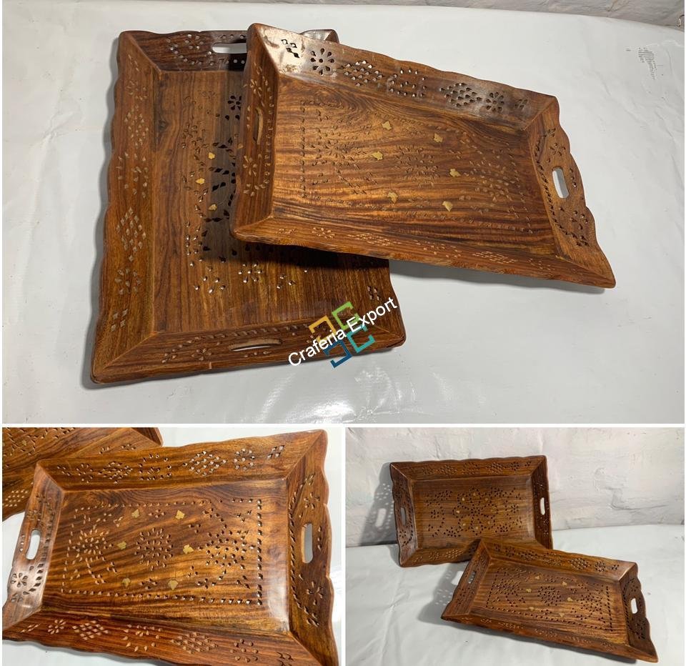 Wooden Serving Trays with Handles (Set of 2) Serving Platters for Party, Food and Tea | Decorative Kitchenware Trays for Coffee Table - Image 6