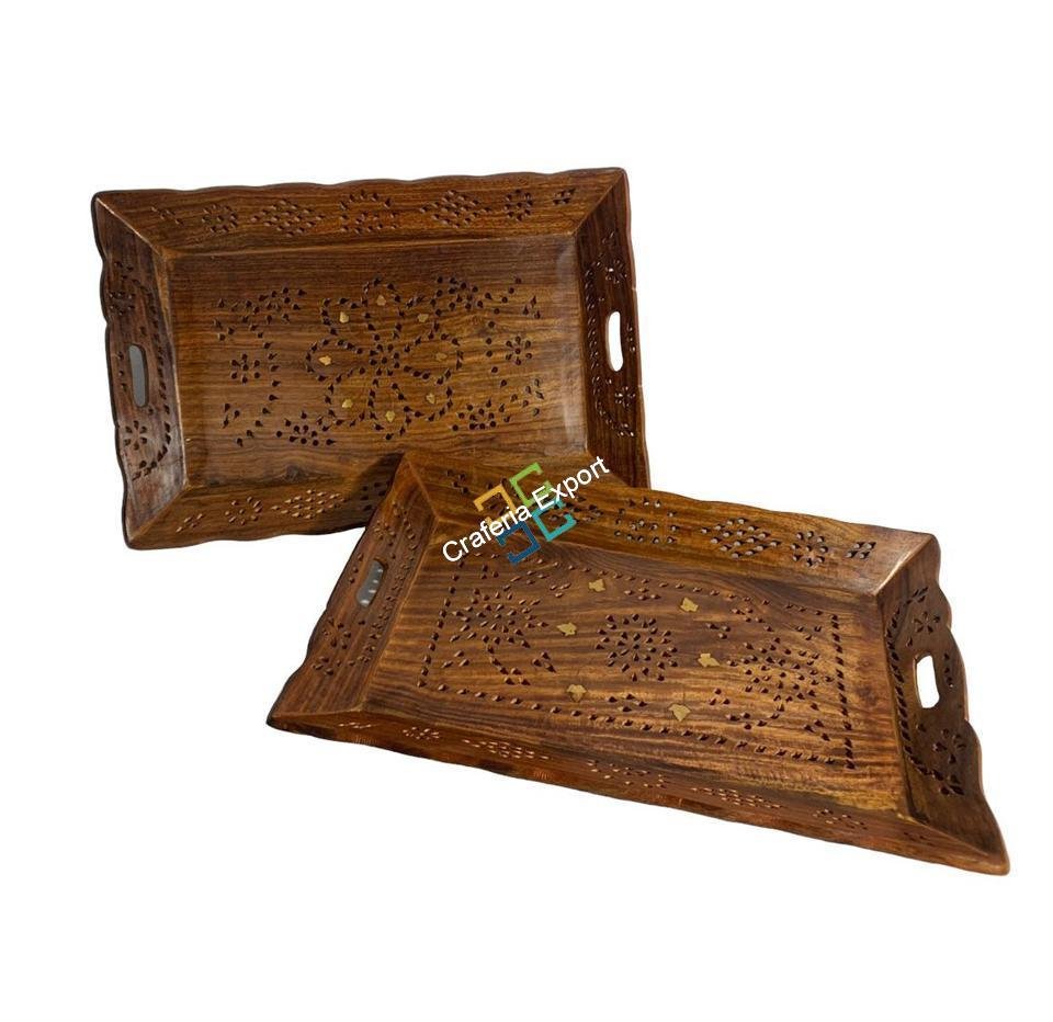 Wooden Serving Trays with Handles (Set of 2) Serving Platters for Party, Food and Tea | Decorative Kitchenware Trays for Coffee Table