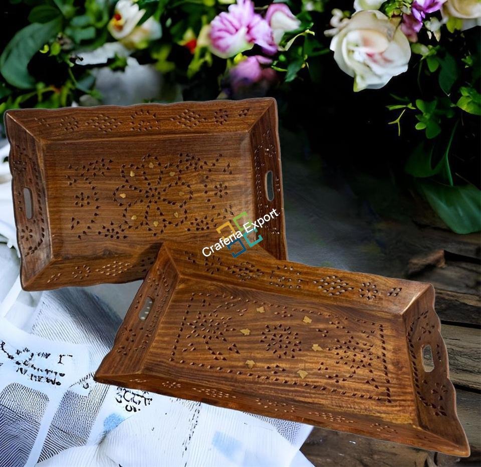 Wooden Serving Trays with Handles (Set of 2) Serving Platters for Party, Food and Tea | Decorative Kitchenware Trays for Coffee Table - Image 5