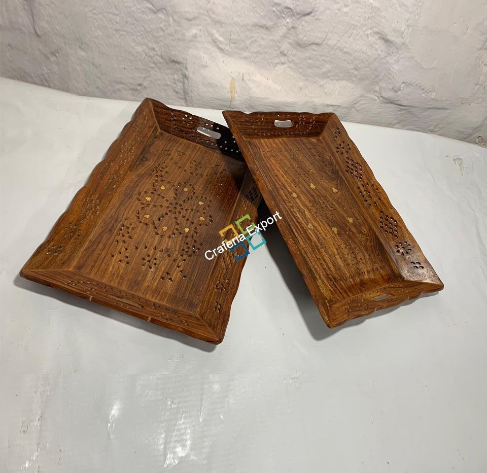 Wooden Serving Trays with Handles (Set of 2) Serving Platters for Party, Food and Tea | Decorative Kitchenware Trays for Coffee Table - Image 4