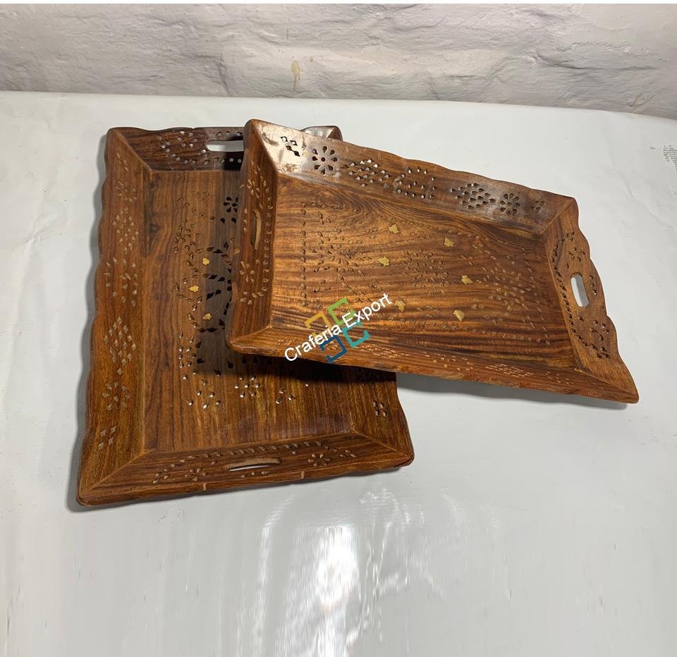 Wooden Serving Trays with Handles (Set of 2) Serving Platters for Party, Food and Tea | Decorative Kitchenware Trays for Coffee Table - Image 3