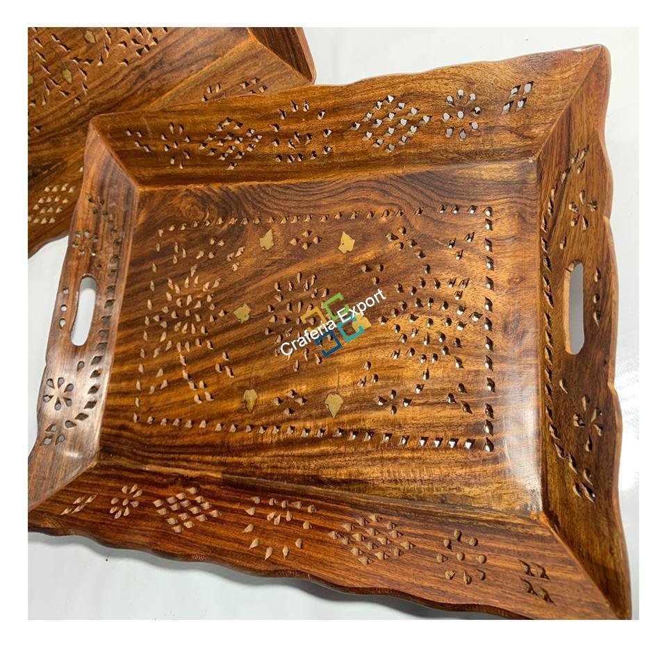 Wooden Serving Trays with Handles (Set of 2) Serving Platters for Party, Food and Tea | Decorative Kitchenware Trays for Coffee Table - Image 2