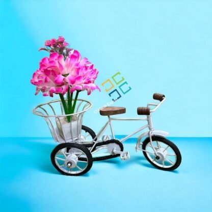 Home Decor Item Wooden Wrought Iron Cycle Rickshaw Toy For Kids Flower Basket Holder - Image 3