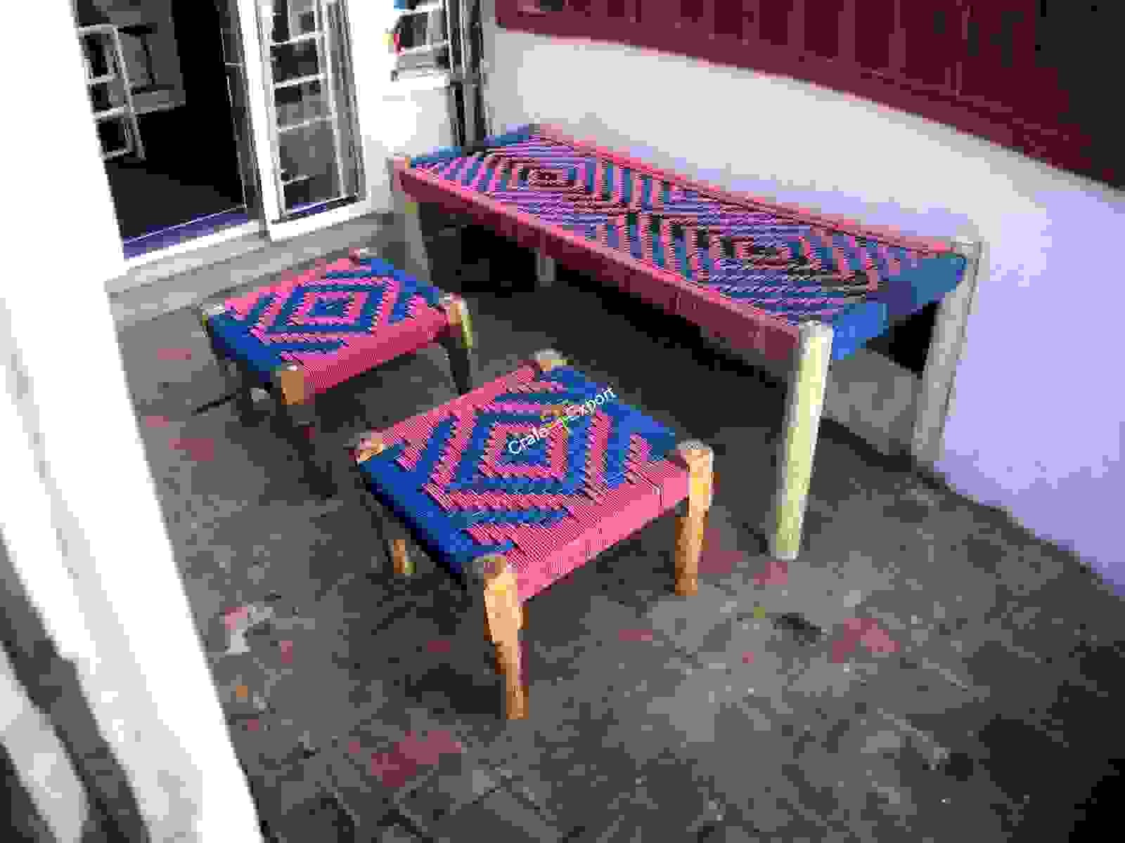 Wooden Charpai Bench & Pidha/Chowki Pink & Blue (Set of 2 Pidha) - Image 2