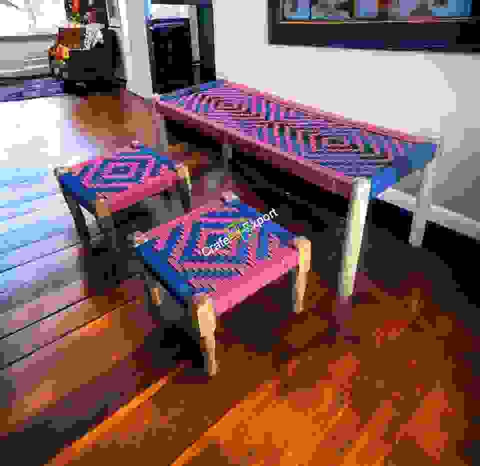 Wooden Charpai Bench & Pidha/Chowki Pink & Blue (Set of 2 Pidha) - Image 3