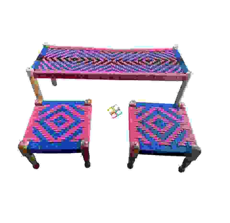 Wooden Charpai Bench & Pidha/Chowki Pink & Blue (Set of 2 Pidha) - Image 5