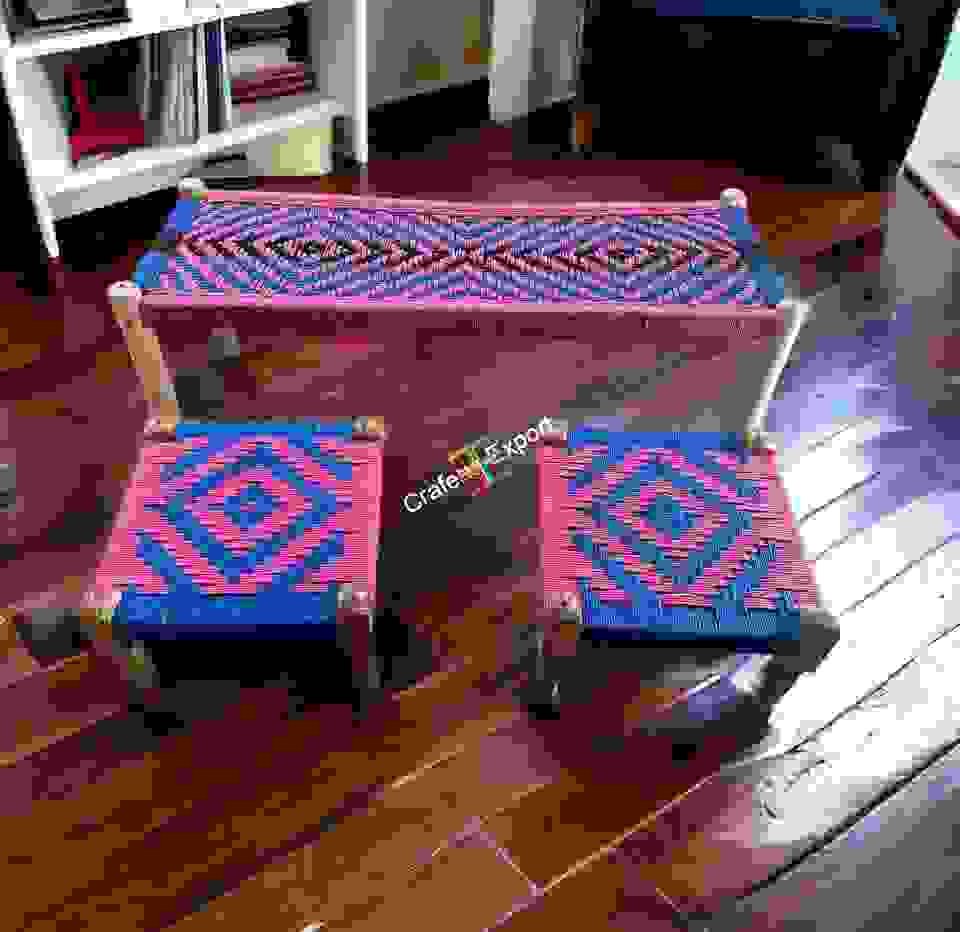 Wooden Charpai Bench & Pidha/Chowki Pink & Blue (Set of 2 Pidha) - Image 6