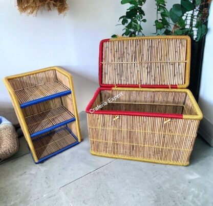 Handmade Bamboo Laundry Basket/Storage Basket With Bamboo Shelf/Book Shelves Rack - Image 3