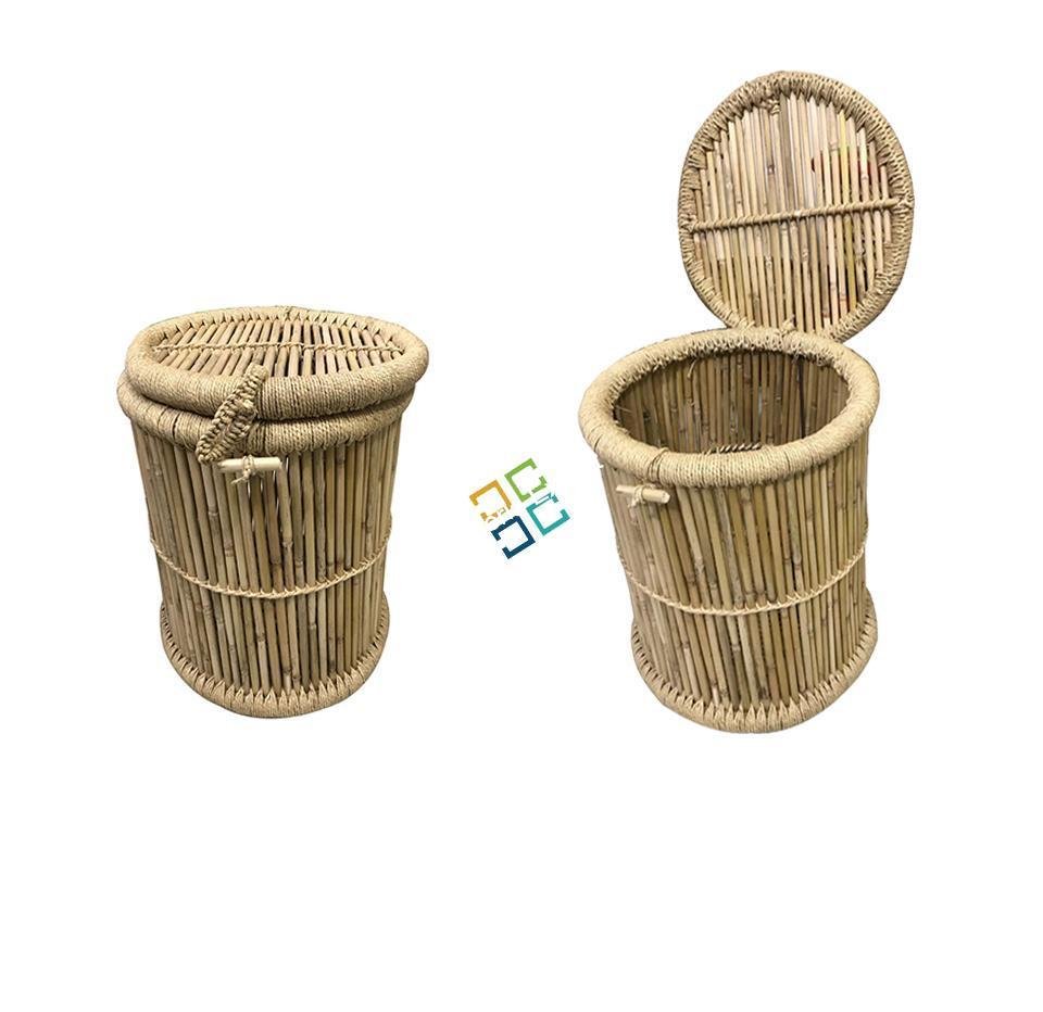 Natural Eco-friendly Handmade Bamboo Basket Storage Box in Round Shape with Lid - Image 2
