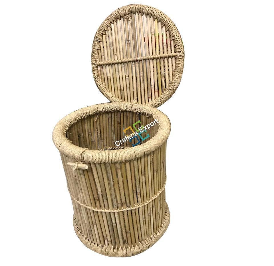 Natural Eco-friendly Handmade Bamboo Basket Storage Box in Round Shape with Lid - Image 4